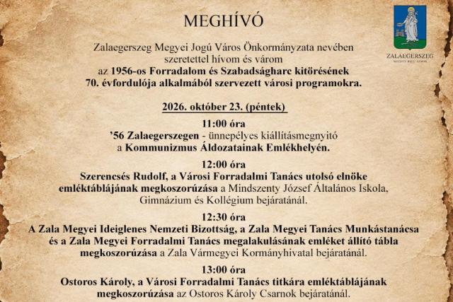 Így emlékeznek meg Zalaegerszegen az 1956-os forradalom és szabadságharc 70. évfordulójáról