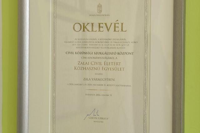 Elismerés – Civil Szolgáltató Központ címet kapott a zalai egyesület